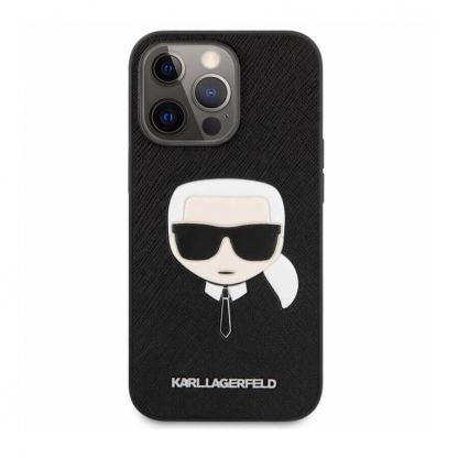 Karl Lagerfeld Saffiano Karl Head Leather Case - дизайнерски кожен кейс за iPhone 13 Pro (черен) 