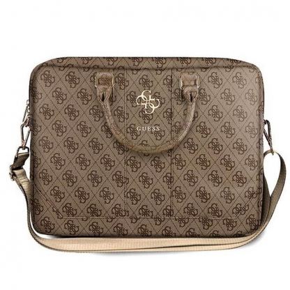 Guess PU 4G Metal Logo Computer Bag - луксозна дизайнерска чанта с дръжки и презрамка за преносими компютри до 16 инча (кафява)