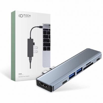 Tech-Protect USB-C Hub 7in1 v5 - USB-C хъб за свързване на допълнителна периферия за компютри и лаптопи с USB-C порт (тъмносив)
