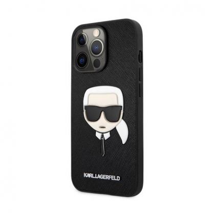 Karl Lagerfeld Saffiano Karl Head Leather Case - дизайнерски кожен кейс за iPhone 13 Pro Max (черен) 