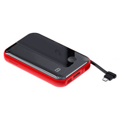 Baseus Mini S Digital Display Power Bank 15W Wireless Charger 10000mAh (PPXF-A09) - външна батерия 10000 mAh с вграден USB-C кабел и USB-C, USB-A и Lightning портове (черен-червен)