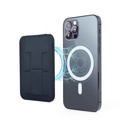 4smarts UltiMag ErgoFold Magnetic Kickstand Wallet - кожен портфейл (джоб) с градена поставка за прикрепяне към iPhone с MagSafe (тъмносин)