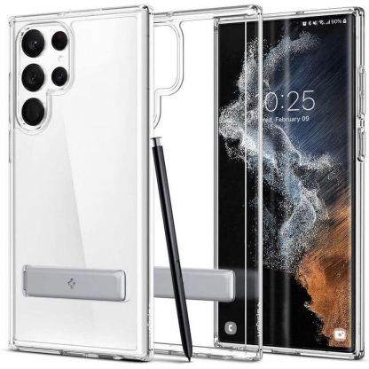 Spigen Ultra Hybrid S Case - хибриден кейс с вградена поставка и висока степен на защита за Samsung Galaxy S22 Ultra (прозрачен)
