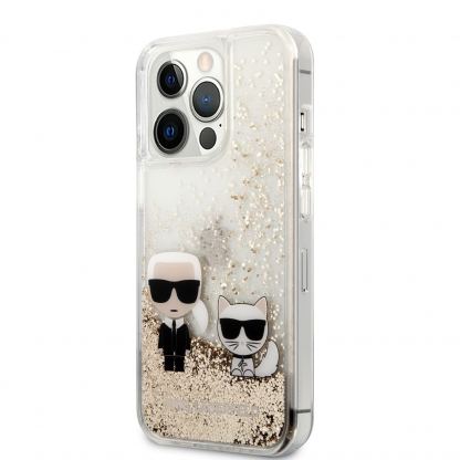 Karl Lagerfeld Liquid Glitter Karl & Choupette Case - дизайнерски кейс с висока защита за iPhone 13 Pro (прозрачен-златист)
