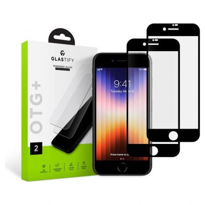 Glastify OTG Plus 2.5D Tempered Glass 2 Pack - 2 броя калени стъклени защитни покрития за iPhone SE (2022), iPhone SE (2020), iPhone 8, iPhone 7 (черен-прозрачен) (2 броя)