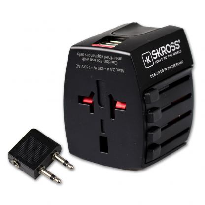 Skross World Travel Adapter MUV USB - адаптер за ел. мрежа с преходници за цял свят с 2xUSB-A изходи (черен)