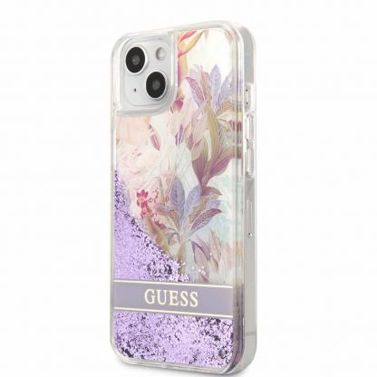Guess Liquid Glitter Flower Case - дизайнерски кейс с висока защита за iPhone 13 (лилав)
