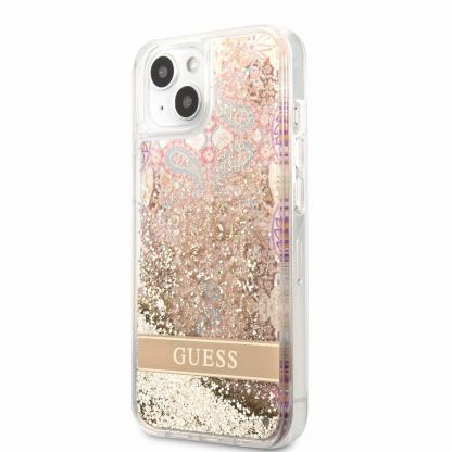 Guess Liquid Glitter Flower Case - дизайнерски кейс с висока защита за iPhone 13 mini (златист)