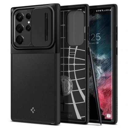 Spigen Optik Armor Case - тънък качествен силиконов (TPU) калъф с капак за камерата за Samsung Galaxy S22 Ultra (черен)