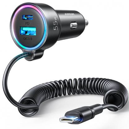 Joyroom 3 in 1 Fast Car Charger With USB-C Cable 55W - зарядно за кола с вграден USB-C кабел и USB-A и USB-C изходи (черен)