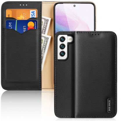 Dux Ducis Hivo Genuine Leather Flip Wallet Case - кожен калъф от естествена кожа с поставка и отделение за кр. карти за Samsung Galaxy S22 (черен)