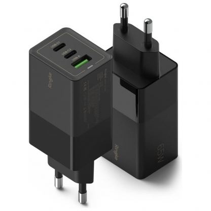 Ringke GaN Laptop Charger 65W - захранване за ел. мрежа за лаптопи, смартфони и таблети с USB-A и 2xUSB-C изходи с технология за бързо зареждане (черен)