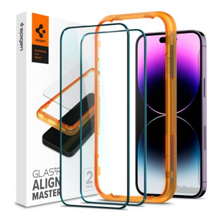 Spigen Glass.Tr Align Master Full Cover Tempered Glass - калено стъклено защитно покритие за целия дисплей на iPhone 14 Pro Max (черен-прозрачен) (2 броя)