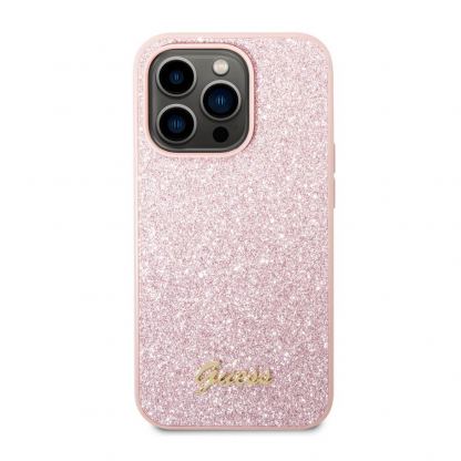 Guess Glitter Flakes Metal Logo - хибриден удароустойчив кейс за iPhone 14 Pro (розов)