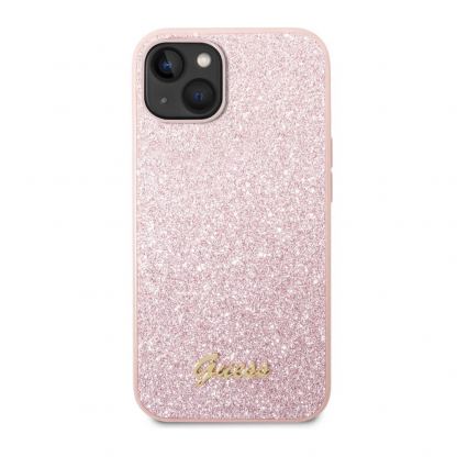 Guess Glitter Flakes Metal Logo - хибриден удароустойчив кейс за iPhone 14 Plus (розов)