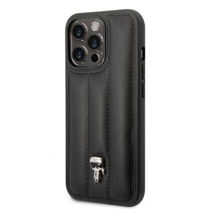 Karl Lagerfeld Quilted Puffy Ikonik Logo Case - дизайнерски кожен кейс за iPhone 14 Pro (черен)