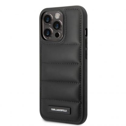 Karl Lagerfeld Quilted Puffy Metal Logo Case - дизайнерски кожен кейс за iPhone 14 Pro (черен)