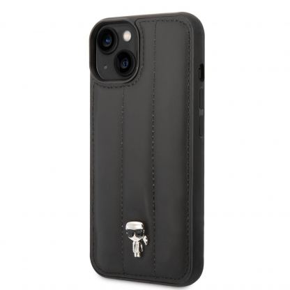 Karl Lagerfeld Quilted Puffy Ikonik Logo Case - дизайнерски кожен кейс за iPhone 14 (черен)