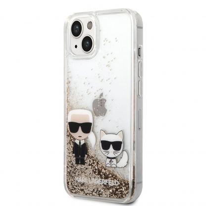 Karl Lagerfeld Liquid Glitter Karl and Choupette Case - дизайнерски кейс с висока защита за iPhone 14 (прозрачен-златист)