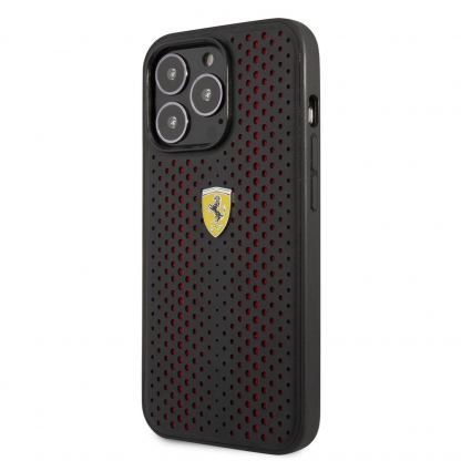 Ferrari Perforated Leather Hard Case - кожен кейс за iPhone 14 Pro (черен)