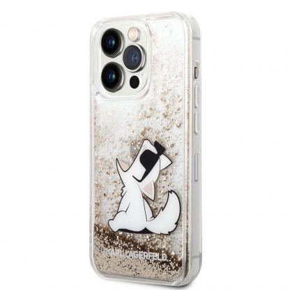 Karl Lagerfeld Liquid Glitter Choupette Eat Case - дизайнерски кейс с висока защита за iPhone 14 Pro (прозрачен-златист)