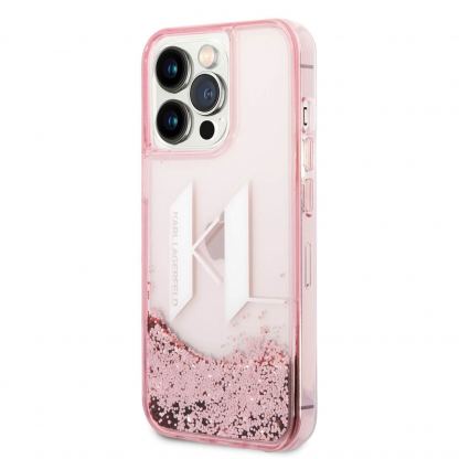 Karl Lagerfeld Liquid Glitter Big KL Logo Case - дизайнерски кейс с висока защита за iPhone 14 Pro (прозрачен-розов)