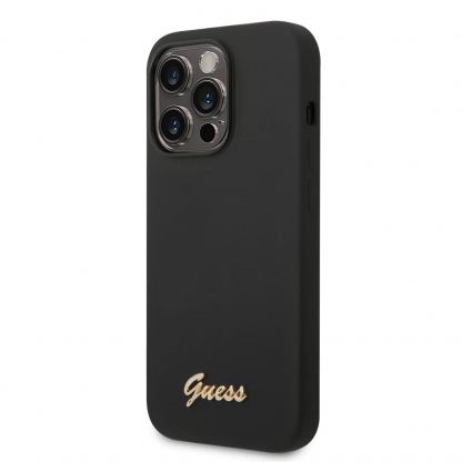 Guess Liquid Silicone Metal Logo MagSafe Case - силиконов (TPU) калъф с MagSafe за iPhone 14 Pro (черен) 