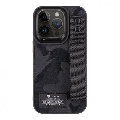 Tactical Camo Troop Cover - хибриден удароустойчив текстилен кейс с лента за ръка за iPhone 14 Pro (черен)