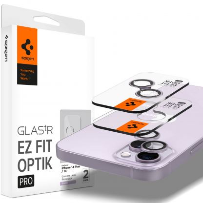 Spigen Optik Pro tR Ez Fit Lens Protector - 2 комплекта предпазни стъклени лещи за камерата на iPhone 14, iPhone 14 Plus (лилав)