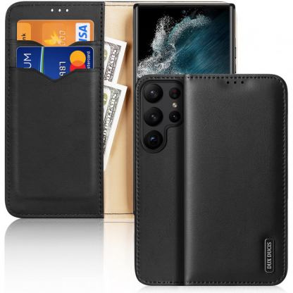 Dux Ducis Hivo Genuine Leather Flip Wallet Case - кожен калъф от естествена кожа с поставка и отделение за кр. карти за Samsung Galaxy S23 Ultra (черен)