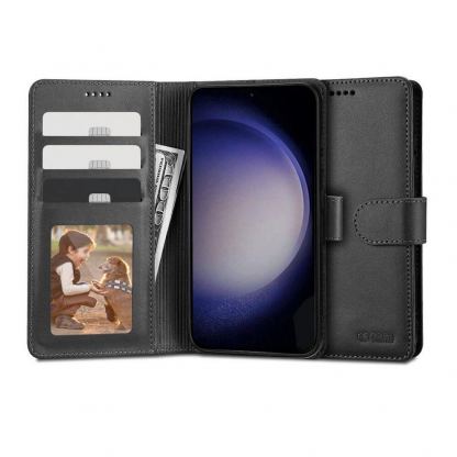 Tech-Protect Wallet Leather Flip Case - кожен калъф, тип портфейл за Samsung Galaxy S23 (черен)