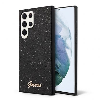 Guess Glitter Flakes Metal Logo Case - хибриден удароустойчив кейс за Samsung Galaxy S23 Ultra (черен)