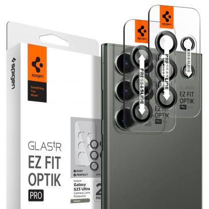 Spigen Optik Pro tR Ez Fit Lens Protector 2 Pack - 2 комплекта предпазни стъклени лещи за камерата на Samsung Galaxy S23 Ultra (тъмнозелен)