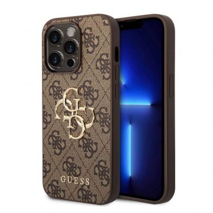 Guess PU 4G Metal Logo Leather Hard Case - дизайнерски кожен кейс за iPhone 15 Pro Max (кафяв)