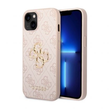 Guess PU 4G Metal Logo Leather Hard Case - дизайнерски кожен кейс за iPhone 15 (розов)