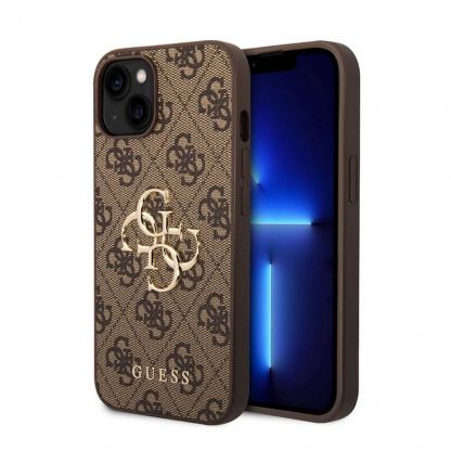 Guess PU 4G Metal Logo Leather Hard Case - дизайнерски кожен кейс за iPhone 15 (кафяв)