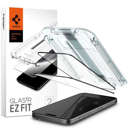 Spigen Glas.tR EZ Fit Tempered Glass 2 Pack - 2 броя стъклени защитни покрития за дисплея на iPhone 15 Pro (черен-прозрачен)