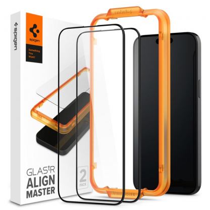 Spigen Glass.tR Align Master Full Cover Tempered Glass 2 Pack - 2 броя стъклени защитни покрития за целия дисплей на iPhone 15 (черен-прозрачен)