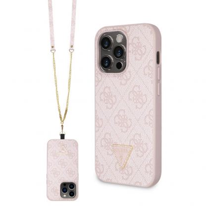 Guess PU 4G Strass Triangle Metal Logo Case With Crossbody Strap - силиконов (TPU) калъф с връзка за носене през врата за iPhone 15 Pro Max (розов)