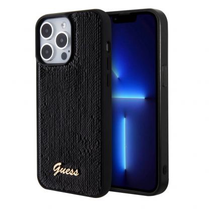 Guess Sequin Script Logo Case - дизайнерски силиконов кейс за iPhone 15 Pro (черен)
