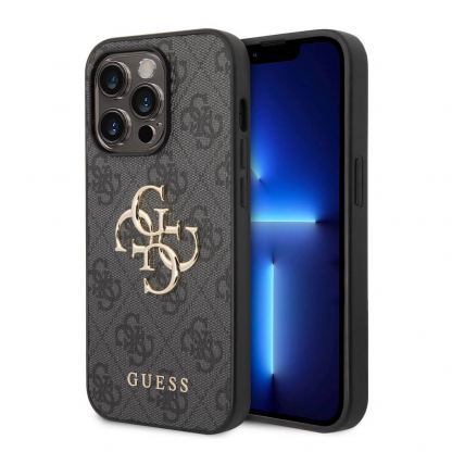 Guess PU 4G Metal Logo Leather Hard Case - дизайнерски кожен кейс за iPhone 15 Pro (сив)