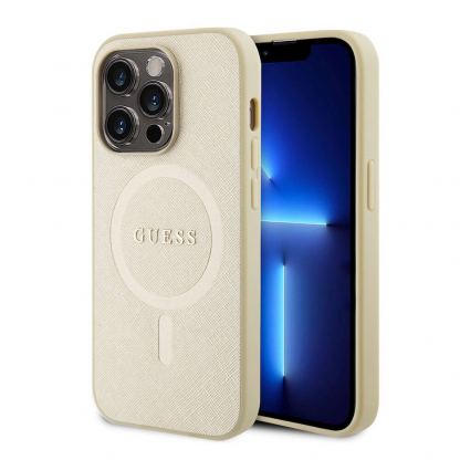 Guess PU Saffiano MagSafe Case - дизайнерски кожен кейс с Magsafe за iPhone 15 Pro (бежов)