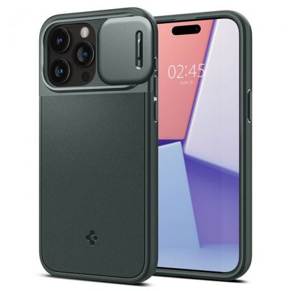Spigen Optik Armor MagFit MagSafe Case - тънък качествен силиконов (TPU) калъф с капак за камерата с MagSafe за iPhone 15 Pro (зелен)