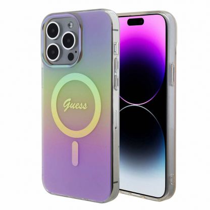 Guess IML Iridescent Script MagSafe Case - дизайнерски силиконов кейс с MagSafe за iPhone 15 Pro Max (розов)