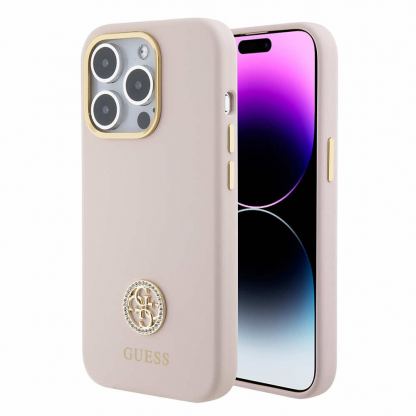Guess Liquid Silicone 4G Strass Metal Logo Case - силиконов (TPU) калъф за iPhone 15 Pro (розов)