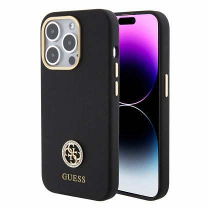Guess Liquid Silicone 4G Strass Metal Logo Case - силиконов (TPU) калъф за iPhone 15 Pro (черен) 