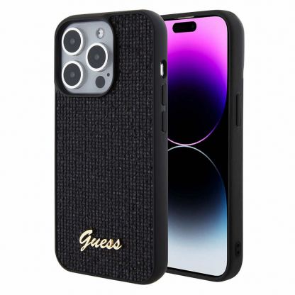 Guess PU Square Mirror Script Logo Leather Hard Case - дизайнерски кожен кейс за iPhone 15 Pro (черен)