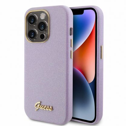 Guess PU Glitter Full Wrapped Leather Hard Case - дизайнерски кожен кейс за iPhone 15 Pro (лилав)