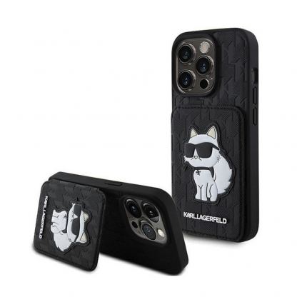 Karl Lagerfeld PU Saffiano Monogram Choupette Card Slot Stand Case - дизайнерски кожен кейс с отделение за карти за iPhone 15 Pro Max (черен)