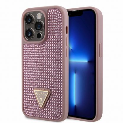 Guess Rhinestones Triangle Metal Logo Case - силиконов (TPU) калъф за iPhone 15 Pro (розов)
